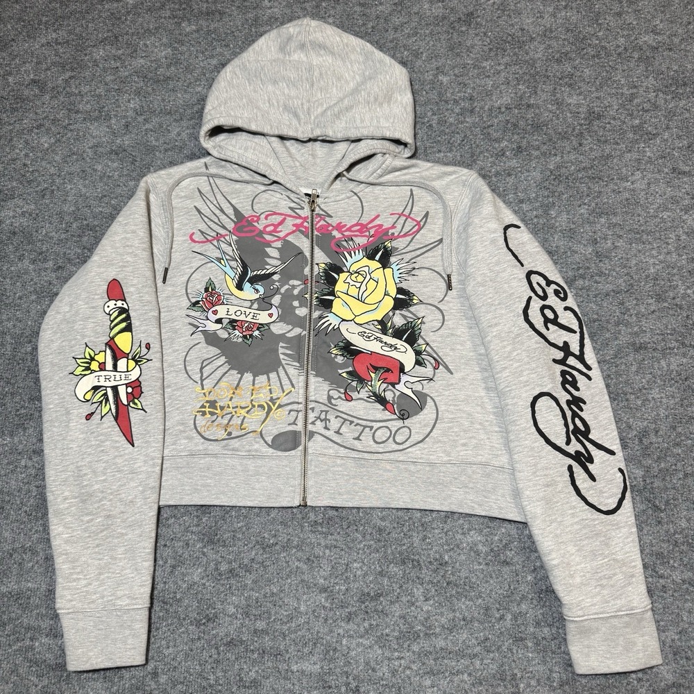 Ed Hardy Hoodie Sweatshirt Women 1X Tattoo Graphic Zip Up Brave Hearts Stay True